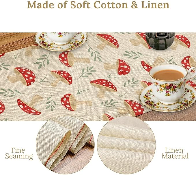 Mushroom Table Runner,Vintage Plant Print Table Runner for Kitchen Dining Table Home Party Decoration 13x60 Inch