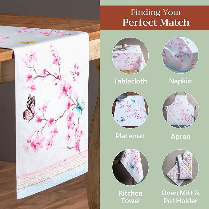 Maison d' Hermine Table Runner 100% Cotton Double Layer Table Runners 108 inches Long Decorative for Home Kitchen Dining Party Wedding Bridal Shower Spring Summer (Blossoms in Spring, 14.50" x 108")
