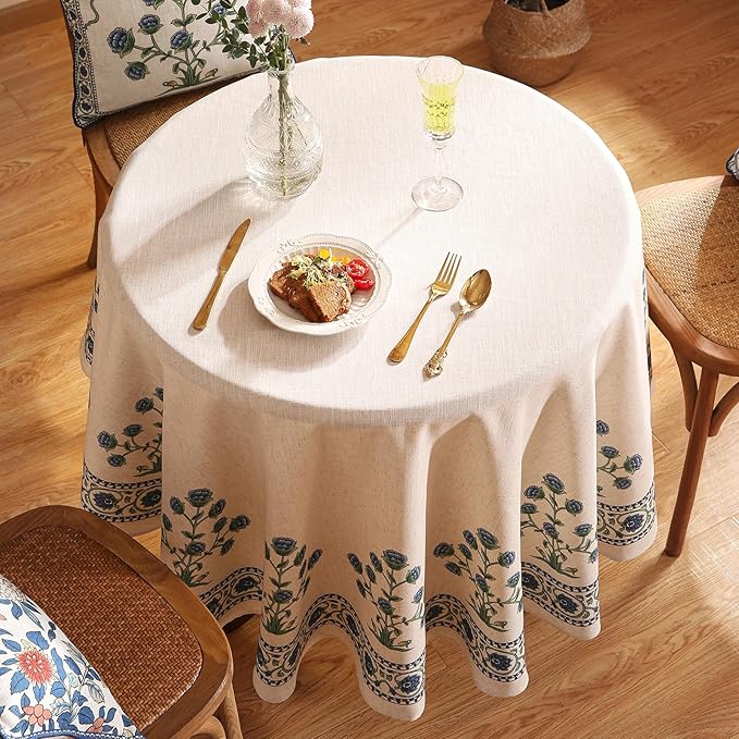 patdrea Designer Blue Small Tablecloth for Round Table,Linen Leaves Pattern Anti-Wrinkle Floral Tablecloths,Farmhouse Floral Table Cover Decor for Kitchen Dining,Thanksgiving,Diameter 55"-Ivar B