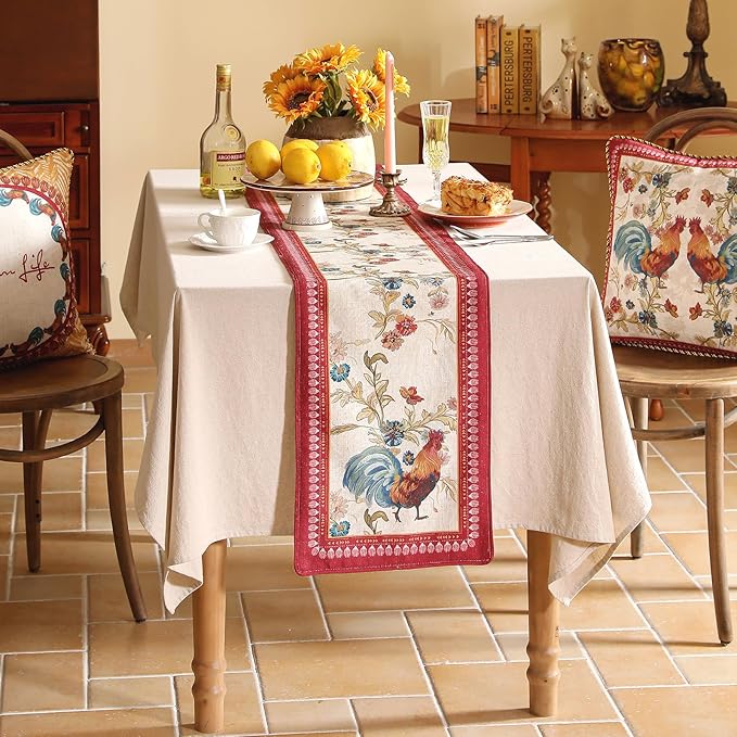 patdrea Designer Farmhouse Linen Extra Long Table Runner,Rustic Cottage Mauve with Rooster and Floral Pattern Fabric Table Mat,Decoration for Kitchen Dining Christmas New Year Banquet, 12"*118"
