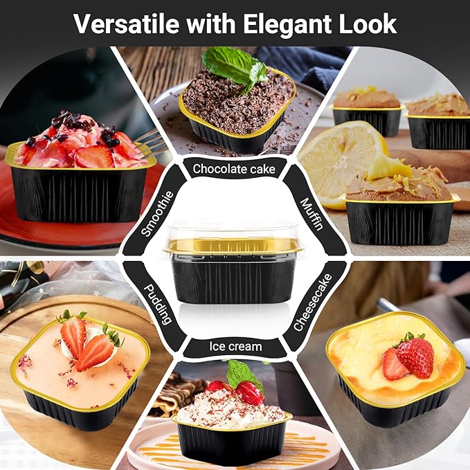 Baking Cups with Lids, 10 oz Square Aluminum, 50 Count in Black and Gold