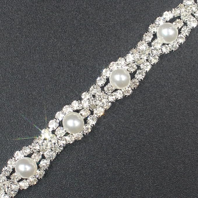 PEARLY JUN 1 Yard Pearl Rhinestone Trim Chain Silver Crystal Fringe Diamond Applique Ribbon String Tassel Strip for Sewing Wedding Dress Crafting Crafts Flower Embellishments