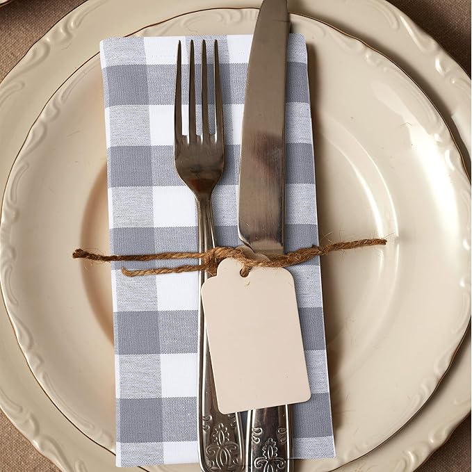Cloth Dinner Napkins Set of 6, Grey Checkered Cotton, 20x20 Inch