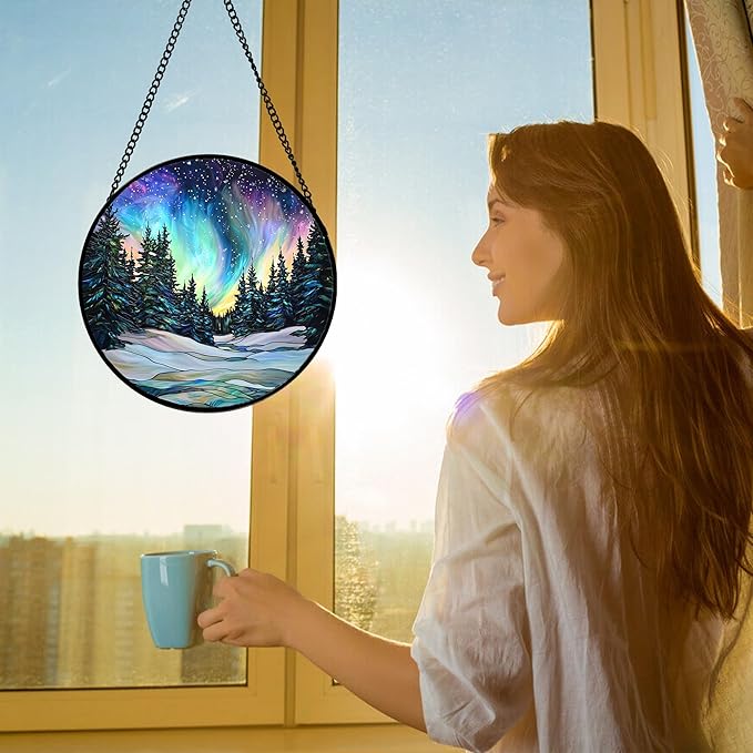Stained Glass Window Hanging, Aurora Landscape Sun Catchers Glass Panel Green Trees Suncatcher Decor for Birthday for Women, Men, Wife, Aunt, and Mom 6.3 in