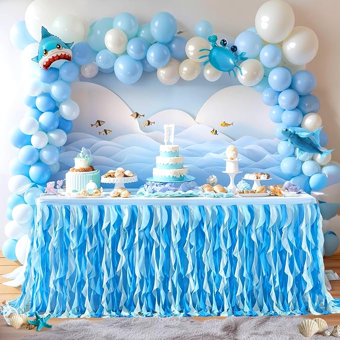 Partisky Ocean Blue Tulle Tutu Ruffle Curly Willow Table Skirt for Rectangle Table 14ft,Under The Sea Baby Shark Themed Table Cloth for Boys Girls Birthday Party or Baby Shower