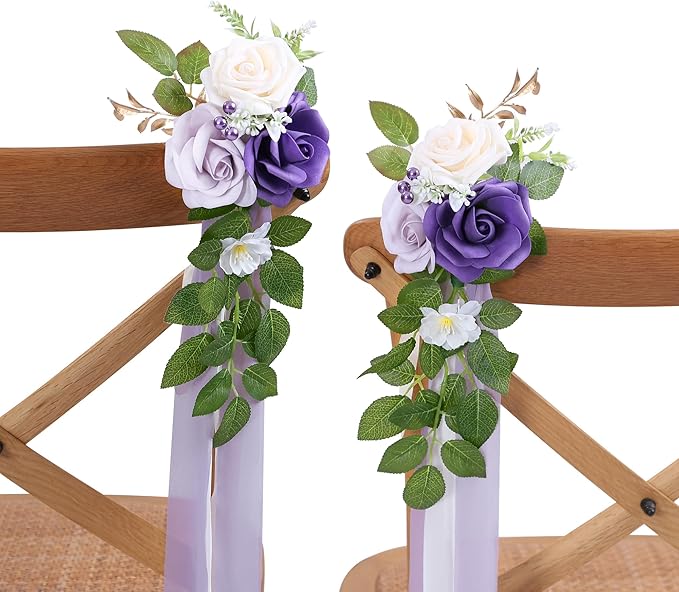 Artificial Flowers for Wedding Aisle, Purple Roses, Gold Leaves and Ribbon