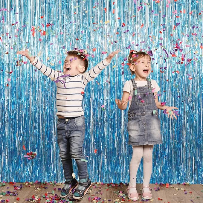 GOER 3.2 ft x 9.8 ft Metallic Tinsel Foil Fringe Curtains Party Photo Backdrop Party Streamers for Birthday,Graduation,New Year Eve Decorations Wedding Decor (Light Blue,1 Pack)