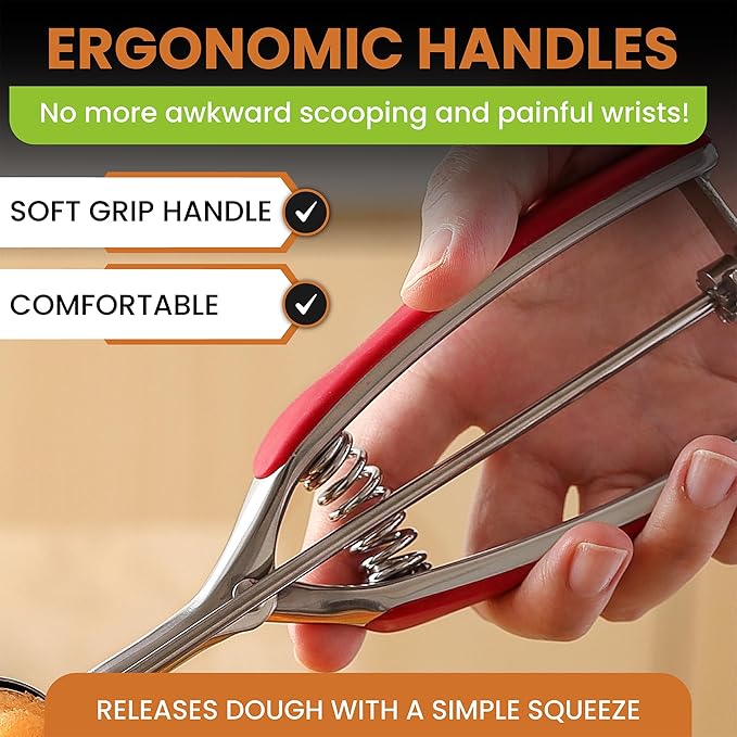 Spring Chef Red Medium 1.7 Tbsp Cookie Scoop for Baking - Stainless Steel #40 Melon Baller Scoop with Trigger Release - Multifunctional Food Scooper for Kitchen - Dishwasher Safe Cookie Baller