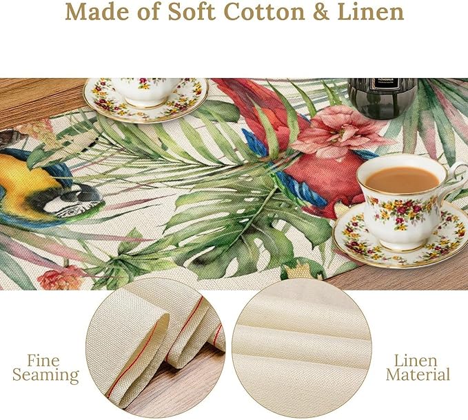 Parrot Table Runner,Tropical Palm Leaf Colorful Macaw Bird Watercolor Print Tablecloth Burlap for Hotel Indoors Outdoor Dining Room Kitchen Home Decor,W13X L108 in