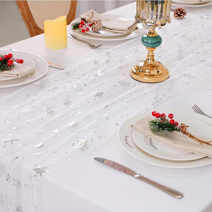 Snowkingdom 6 Pcs Christmas Snowflake Table Runners, 120 Inch Sheer Chiffon Gauze Cheesecloth, Silver Glitter Sequin Metallic Party Dining Table Decorations for Christmas Winter Holiday New Year
