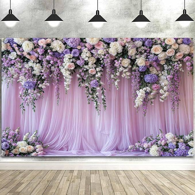 8x6ft Purple Lavender Floral Bridal Backdrop Wedding Flower Photography Backdrop for Girl Portrait Baby Shower Birthday Party Decor Banner Mother's Day Party Wall Backdrop Studio Photo Backgrounds