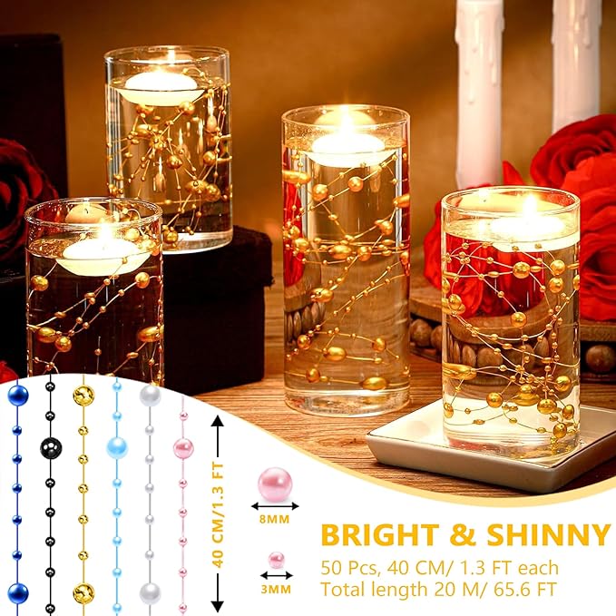 50 PCS Artificial Floating Beads for Centerpieces Vases, Black 8+3mm String Beads for Wedding Party Faux Pearl String for Decorating, String Pearls for Crafts Vase Filler