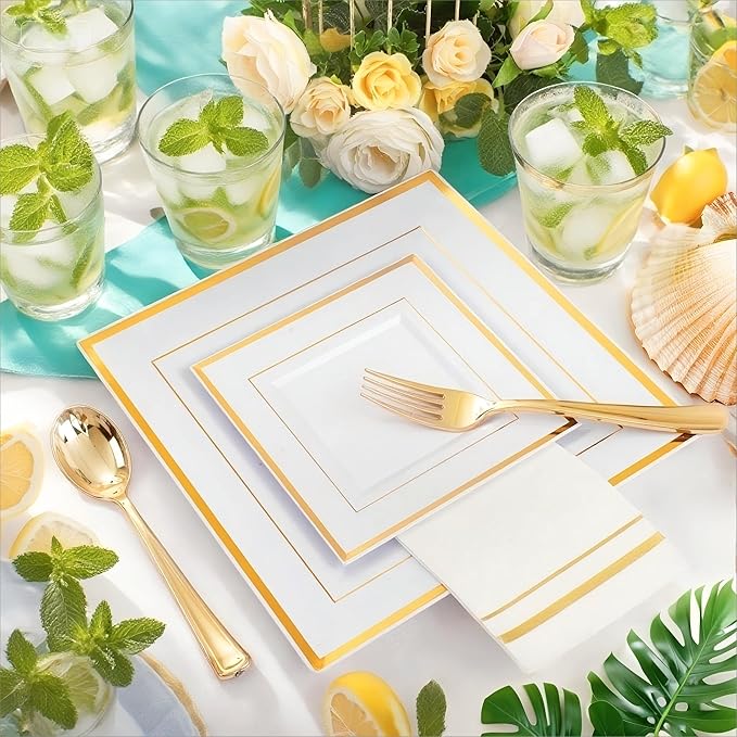 Disposable Plates Set, Square Gold, 350 Pieces for 50 Guests