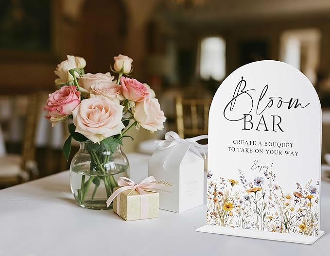 Wedding Signs for Ceremony and Reception, Boho Floral Acrylic Bloom Bar Sign, Wedding Signage with Stand, Bridal Shower Table Centerpieces, Bloom Bar Supplies for Engagement Reception Event Party, 20