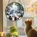 Stained Glass Window Hanging, Blue Bird Winter Forest Landscape