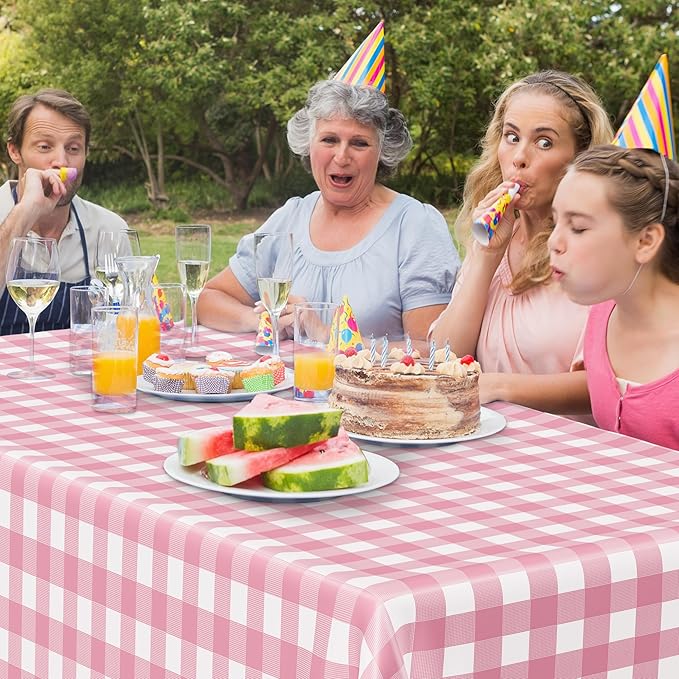 4Pack Pink Table Cloth, 54" x 108" Plastic Table Cloth Disposable, Waterproof Picnic Table Cover Checkered Rectangle Tablecloths for Indoor Outdoor Picnic Birthday Party Supplies Gathering BBQ Holiday