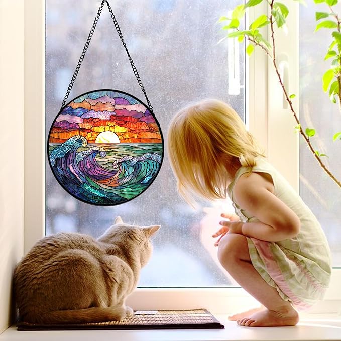 Stained Glass Window Hanging, Clouds and Sea Waves Suncatcher Diamond Glass Panel Hangings Scenery Sun Catchers Decor for Birthday for Women, Men, Wife, Aunt, and Mom 11.8 in
