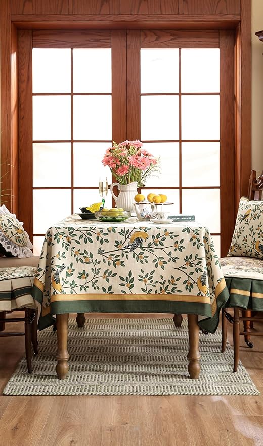 patdrea Designer Vintage French Floral Small Square Tablecloth,Yellow Brids Green Leaves Pattern Linen Table Cloth,Decor Kitchen Dining Holiday Banquet Christmas,Thanksgiving,55"x55"-Warbler