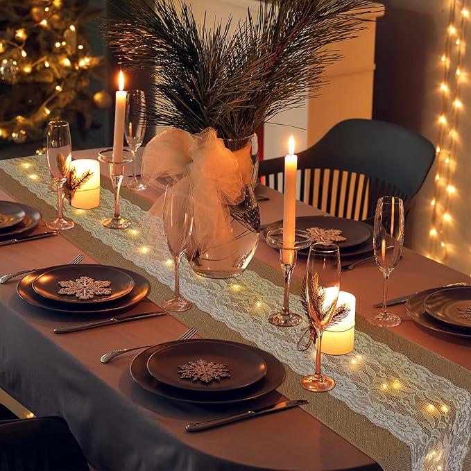 Tudomro 6 Pcs Burlap Table Runner with LED String Lights 12 x 108 Inches Rustic Jute Lace Table Runners Farmhouse Jute Linen Decoration Wedding Decor for Holiday Party Wedding Decorations
