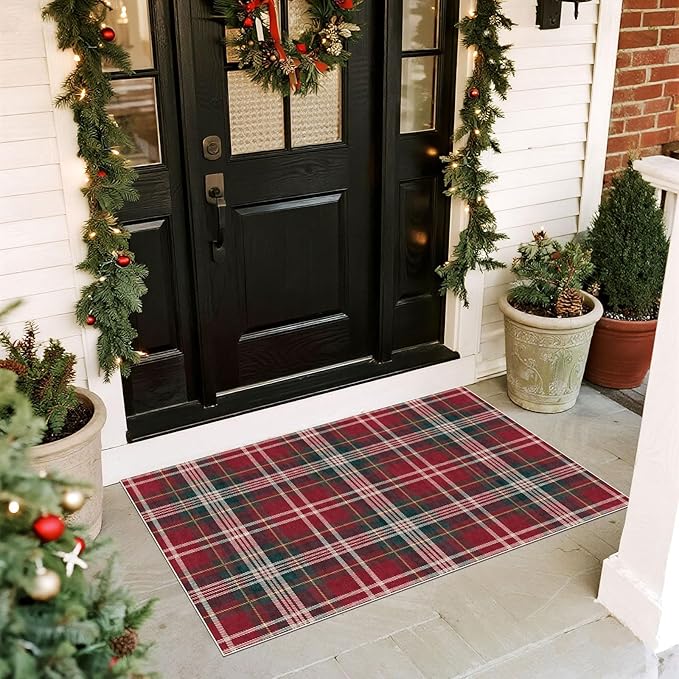 Area Rug Red Tartan Christmas Door Mat, 2x3 Ft Polyester Non-Slip