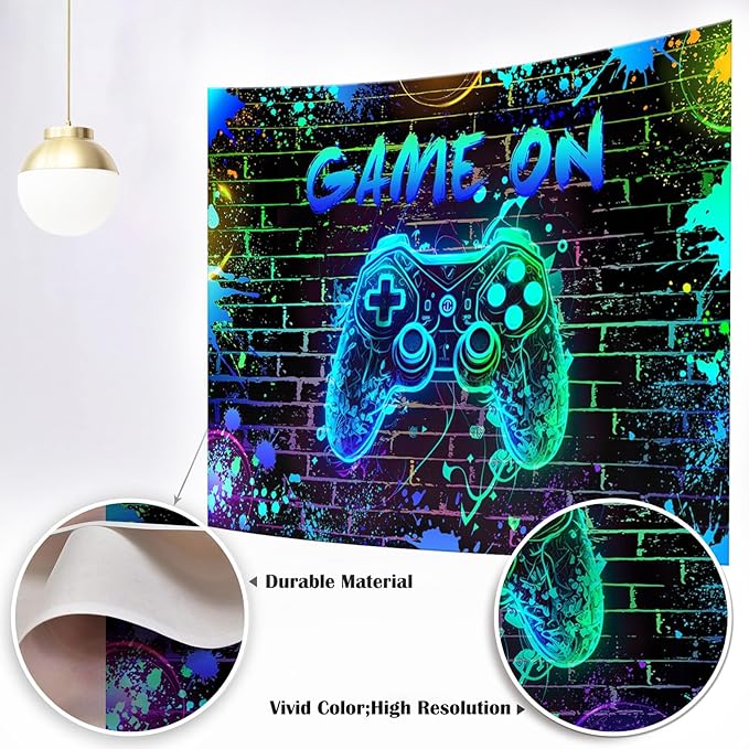 Mocsicka Game On Backdrop Video Game for Boys Level Up Birthday Party Decoration Game Night Arcade Neon Glow Gamer Banner Photography Background (Blue, 8x6ft(96"x72"))