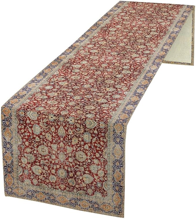 Boho Bohemia Style Table Runner, Vintage Red Blue Retro Flower Rustic Country Style Floral Print Pattern for Home Kitchen Table Decor Dining Coffee Room Garden Party Decor 13x90in