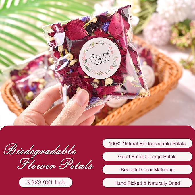 20 Pack Prefilled Confetti Packets,Biodegradable Flower Petals, Real Dried Flower Petals Individual Packing Rose Petals Wedding Send Off Ideas (Red Rose & Lavender & Lvory Jasmine Buds)