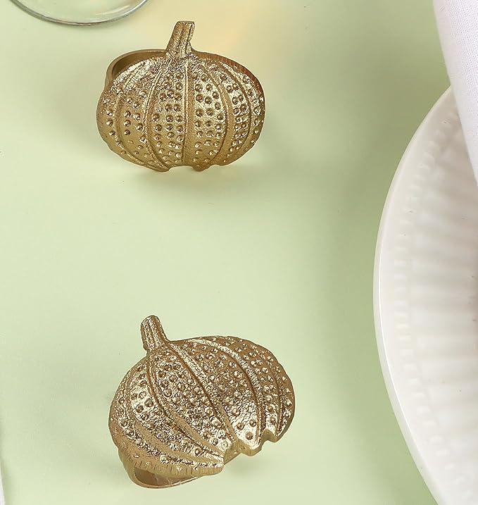 Gold Lightweight Metal Napkin Rings Set of 12 - Pumpkin Elegant Napkin Holders Modern Serviette Buckles Metallic Adornment for Table Settingsfor Thanksgiving, Fall, Halloween & Holiday - CLEENTABLE