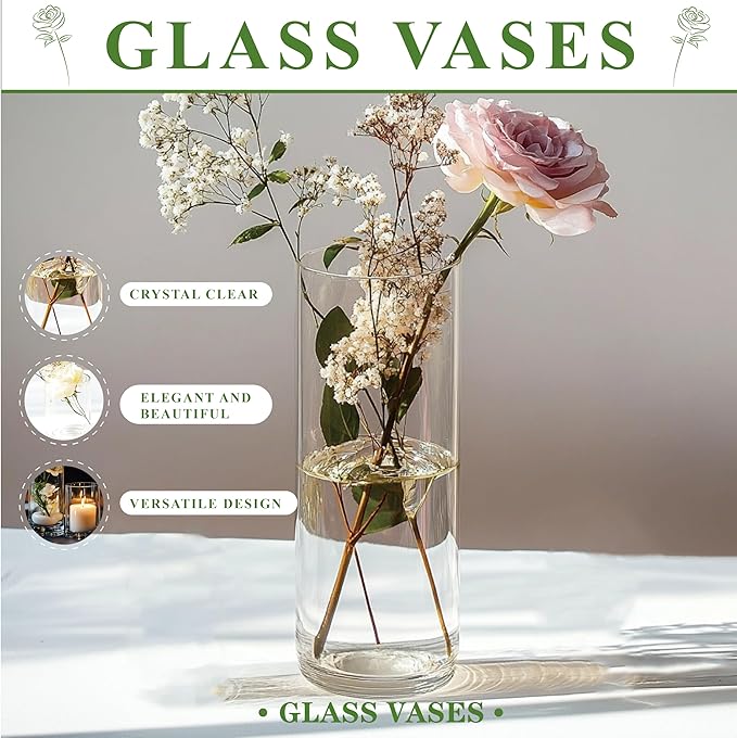 Clear Glass Vase for Centerpieces, 4,6,7.5,8,10 inch Tall Set of 5 Cylinder Flower Vase Bulk Floating Candle Holder for Wedding Table Home Décor and Party