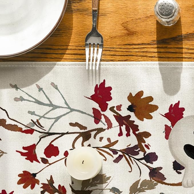 Artoid Mode Ghost Flowers Leaves 210 GSM Halloween Table Runner,Seasonal Fall Kitchen Dining Table Decoration for Home Party Decor 13x72 Inch