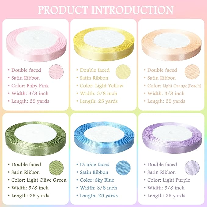 3/8" 6 Colors X 25 Yards Light Rainbow Satin Ribbon,150 Yards Assorted Colors Satin Ribbons for Flower Bouquet,Ribbons for Gift Wrapping Happy Birthday Party Decorations