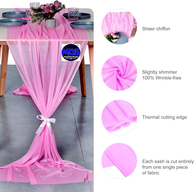 MDS 2 Pack 14ft Chiffon Table Runner 29 x 170 Inches Sheer Wedding Runner Romantic Rustic Table Runner for Wedding Decorations, Birthday Parties, Bridal Shower Party Arch Decor - Bubblegum Pink