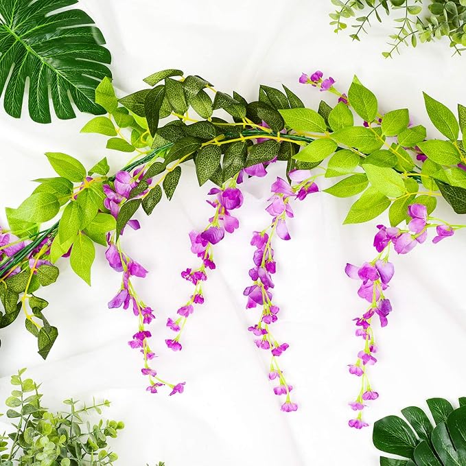 DearHouse 4Pcs 6.6Ft/Piece Artificial Flowers Silk Wisteria Garland Artificial Wisteria Vine Rattan Silk Hanging Flower for Home Garden Outdoor Ceremony Wedding Arch Floral Decor