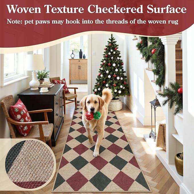 Area Rug Runner, Red Checkered Christmas Entryway Rug, Low Pile