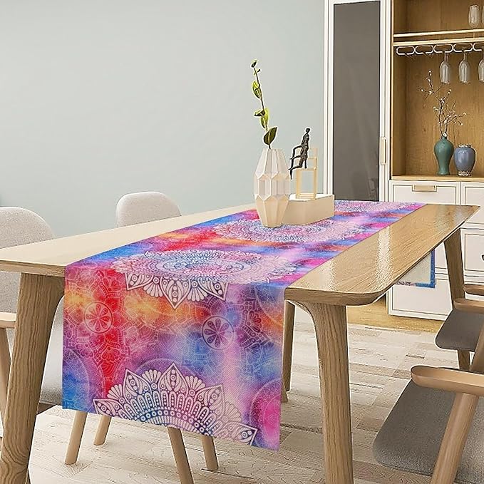Vintage Mandala Table Runner, Bohemian Indian Purple Starry Colorful Floral Print Table Runner for Home Kitchen Dining Table Party Decor, 13x70inch