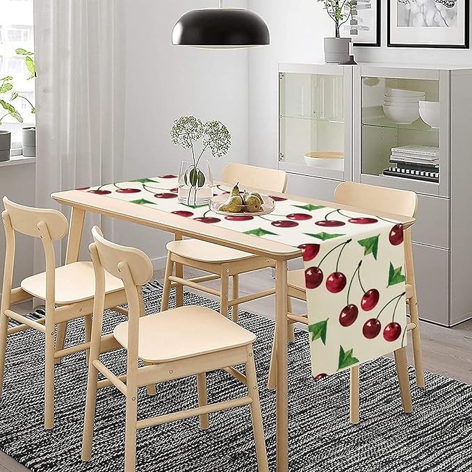 Red Cherry Table Runner Watercolor Tropical Fruit Spring Summer Wild Berry Dinner Runner for Girl Baby Party Holiday Home Kitchen Dining Table Decor 13x70
