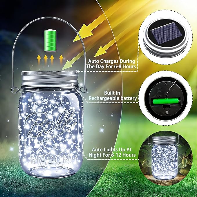 ZNYCYE Mason Jar Solar Lights for Outside, 12 Pack 30LED Fairy Lights Mason Jar Solar Lids Outdoor Waterproof String Lights with Hangers(NO Jars) for Patio Garden Yard Lawn Decoration - Cool White