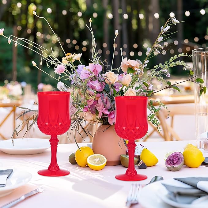 JLYLOL Plastic Vintage Wine Glasses 7OZ Plastic Goblets Vintage Drinking Glasses 12PCS Retro Wedding Glassware Water Goblets Reusable Drinking Cups for Party,Reception,Celebration,Bar,Whiskey(Red)
