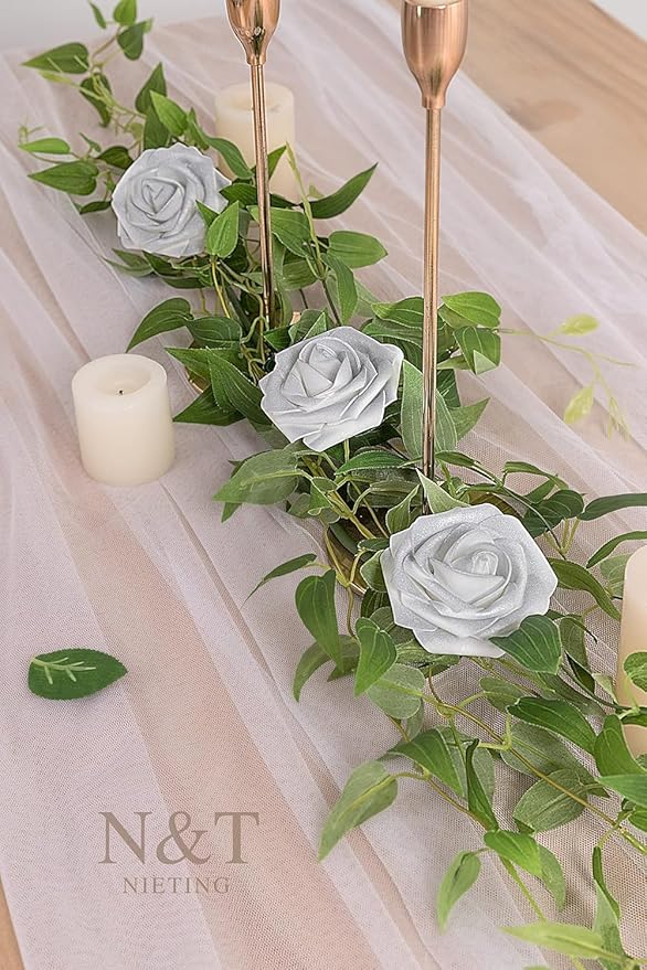 Artificial Silver White Roses, 50 Pcs Foam Flowers with Bendable Stems