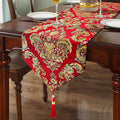 Embroidered Jacquard Elegant Table Runners 72 inches Long Chenille with Tassels - Red