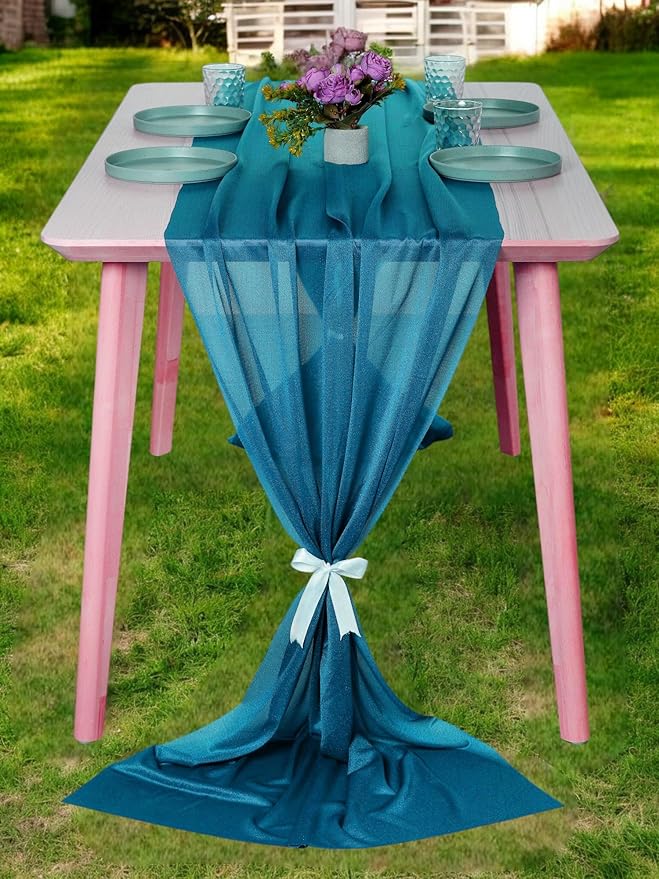 MDS 5 Pack 10ft Chiffon Table Runner 29 x 120 Inches Sheer Wedding Runner Romantic Rustic Table Runner for Wedding Decorations, Birthday Parties, Bridal Shower Party Arch Decor - Dark Teal
