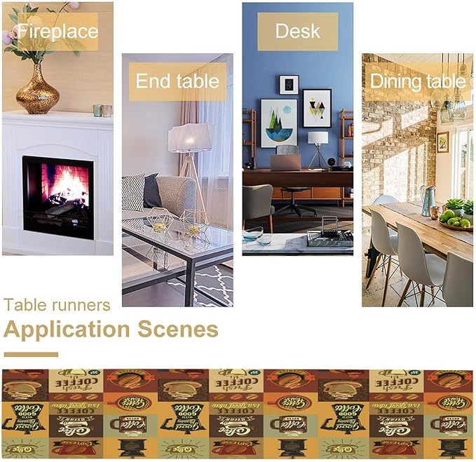 Coffee Table Runner,Vintage Style Coffee Beans Cups Theme Design Pattern Print Tablecloth Burlap for Hotel Indoors Outdoor Dining Room Kitchen Holiday Party, 13x108in