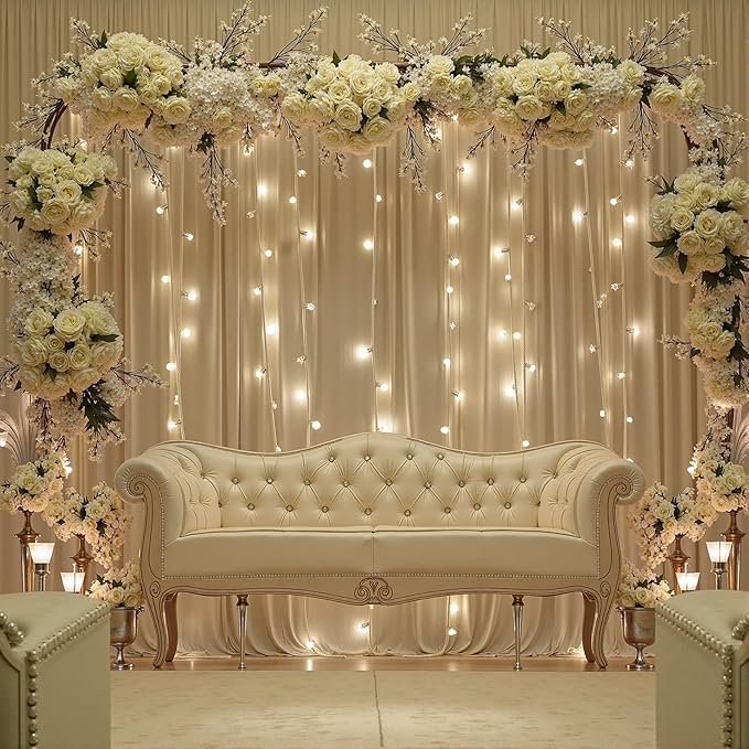 20ftx12ft Wrinkle Free Beige Backdrop Curtain, 4 Panels 12FT Height Beige Wedding Backdrop Drapes, Silky Polyester Back Drop Cloth for Birthday Photography Background Party Backdrop Draping