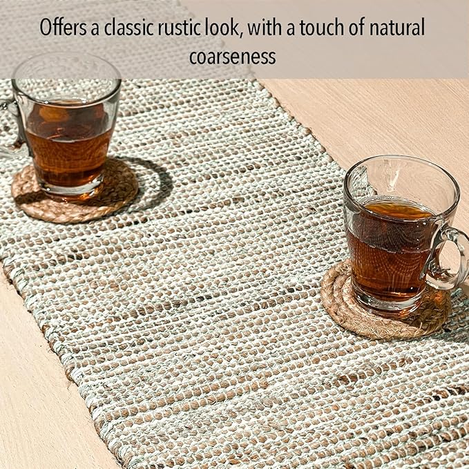 Chardin home Natural Jute Table Runner 13x90 Inch – Vintage Boho Rustic Table Decor – Handwoven Table Runner in Natural Jute and Sage Green-White – Farmhouse Dining or Console Table Accent