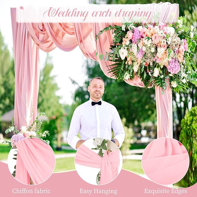 Wedding Arch Draping Fabric, 4 Panels 28" x20ft Pink Sheer Chiffon Curtain Drapes for Wedding Drapes Sheer Backdrop Curtains for Wedding Ceremony Reception Party Decoration
