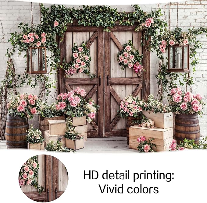 5x3ft Country Wedding Photography Backdrop Floral Rustic Roses Farmhouse Wooden Door Backdrop Pink Flower Birthday Baby Shower Wedding Bridal Party Banner Photo Booth Props Anniversary Background