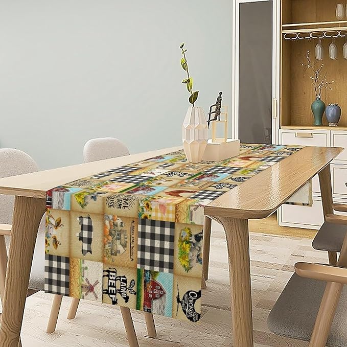 Farmhouse Animals Table Runner,Rustic Cabin Pig Chicken Cow Sunflowers Geometric Grids Burlap for Hotel Indoors Outdoor Dining Room Kitchen Holiday Party, 13x36in