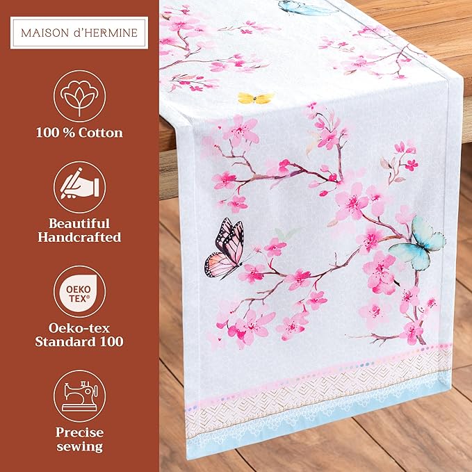 Maison d' Hermine Table Runner 100% Cotton Single Layer Table Runners 108 inches Long Decorative for Home Kitchen Dining Party Wedding Bridal Shower Spring Summer (Blossoms in Spring, 14.50" x 108")