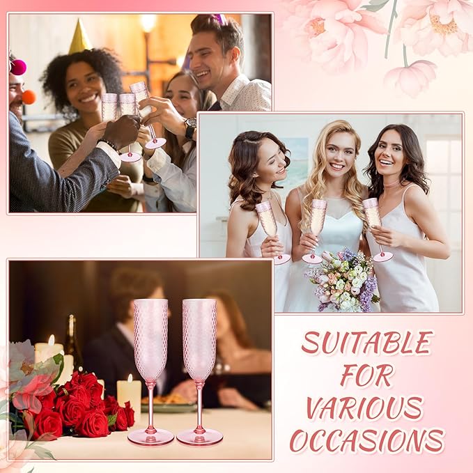 Champagne Glasses 48 Pack, 5.5 oz Pink Plastic Flutes with Detachable Stems