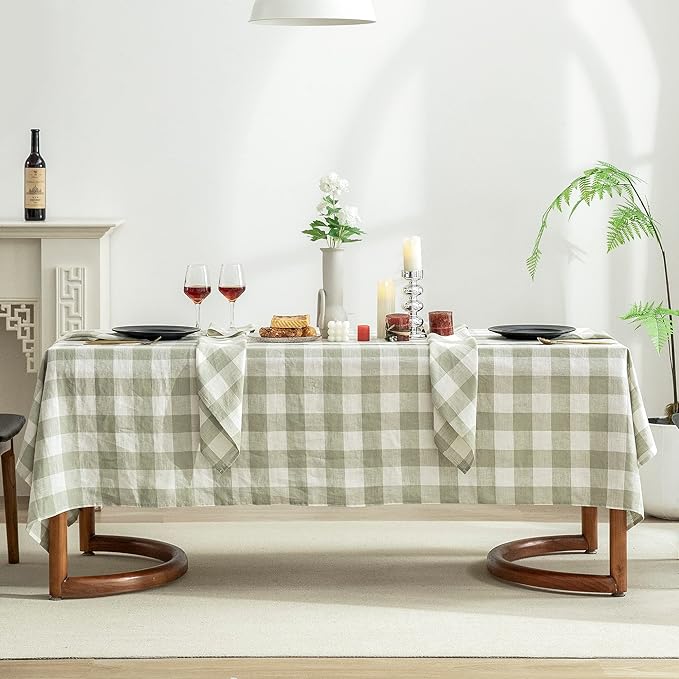 EVERLY 100% Yarn-Dyed Linen Rectangle Tablecloths 60x144Inches for Dining,Buffet Parties,Picnic,Events and Restaurants,Decorative Halloween,Thanksgiving Machine Washable Tablecloths-Sage Green Plaid